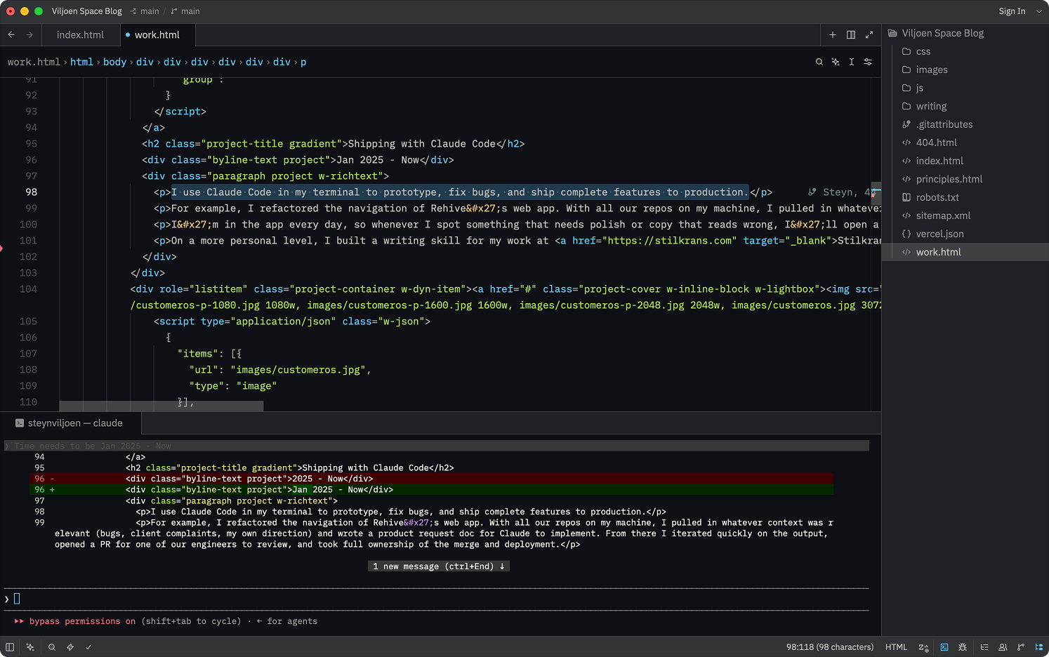 Claude Code - Screenshot of a code editor with work.html open and a Claude Code session in the terminal below, having just pushed this very page live